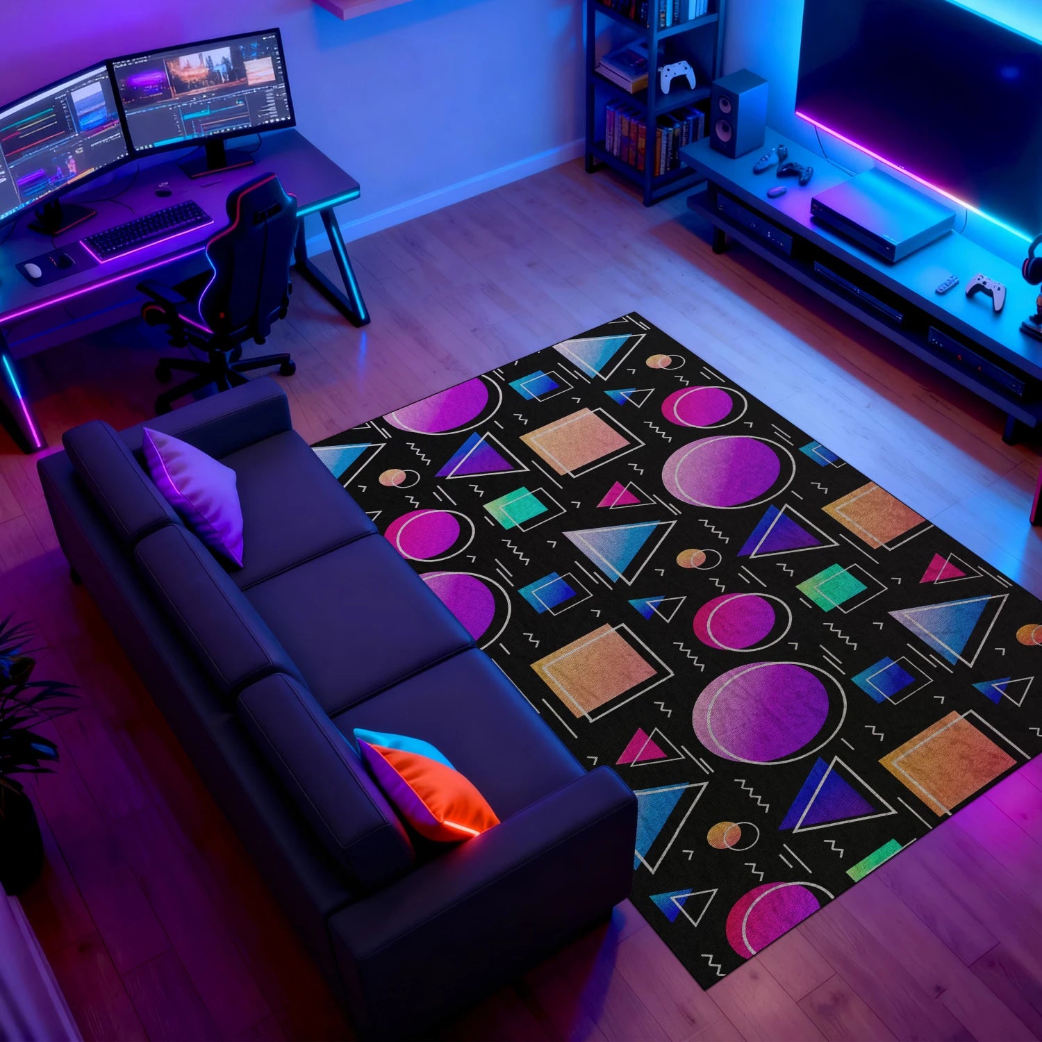 Black retro rug with neon geometric shapes in gaming room