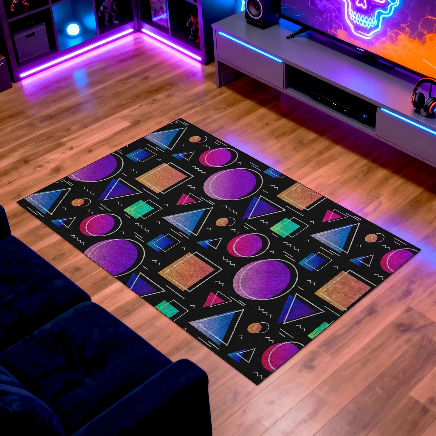 Non-slip chenille rug with colorful geometric pattern