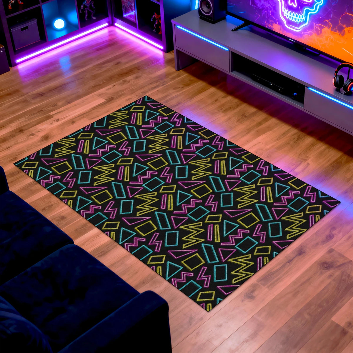 Non-slip chenille rug with neon pattern for gamer décor