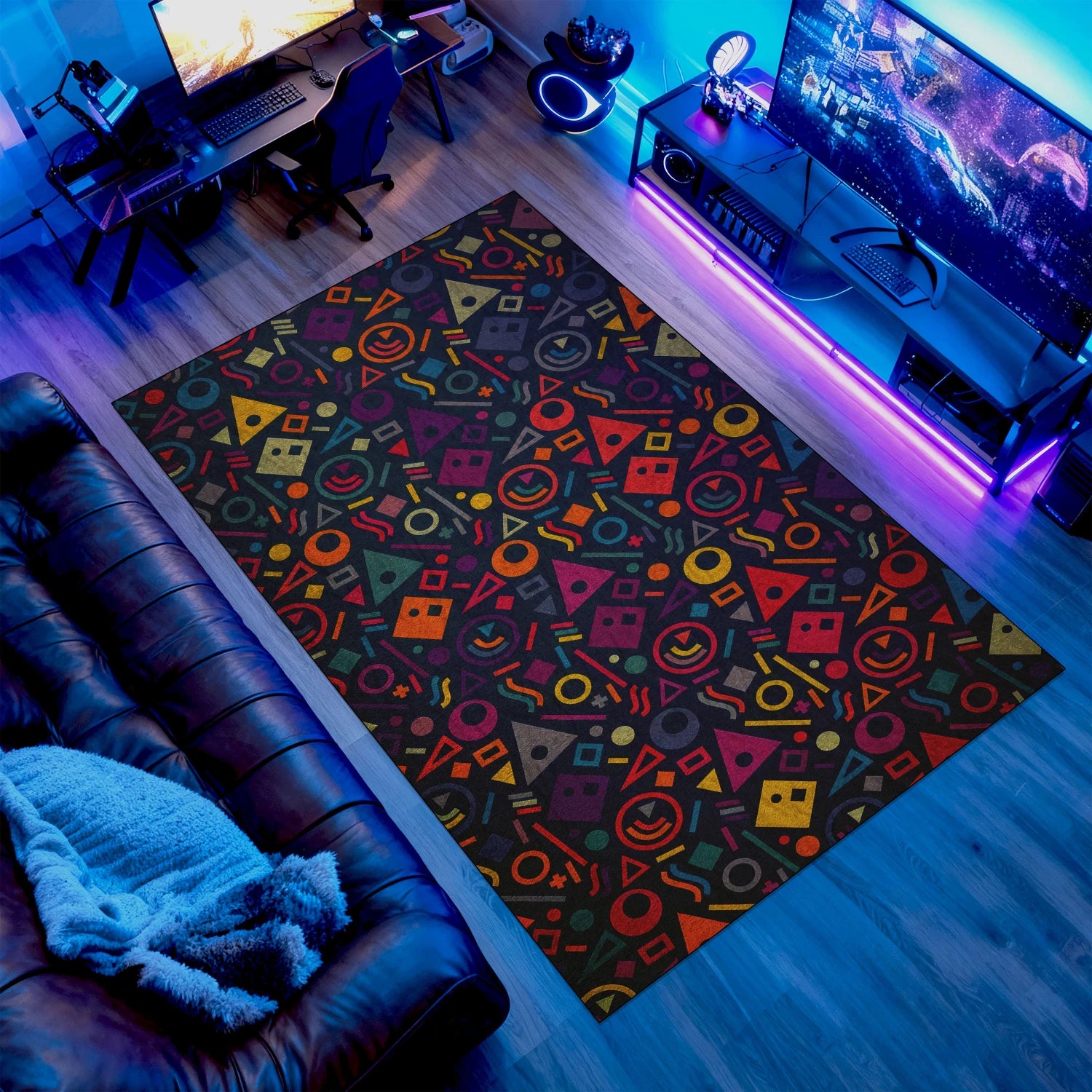 80s geometric gaming carpet for game rooms and lounges