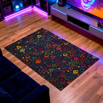 Retro arcade rug with colorful gamer icons and neon pattern