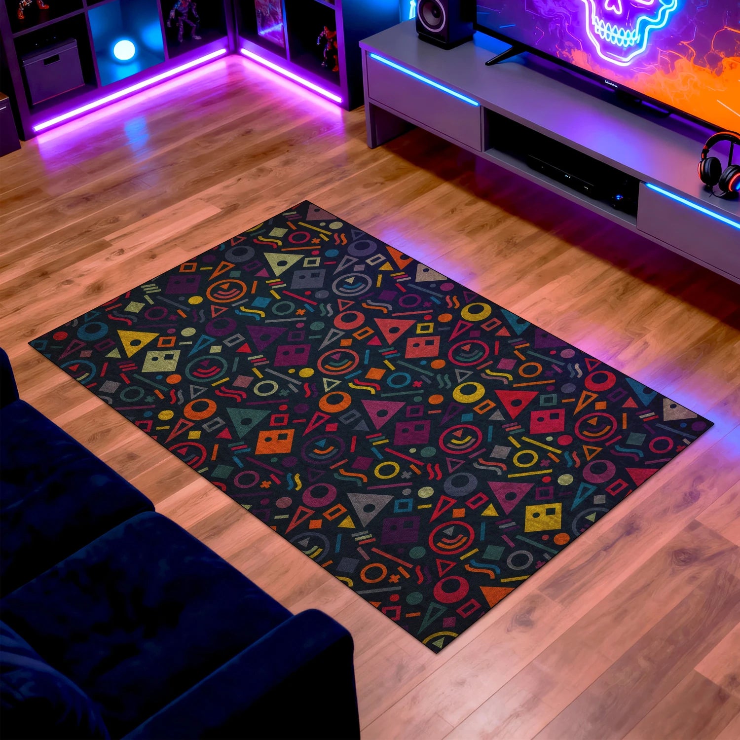 Retro arcade rug with colorful gamer icons and neon pattern