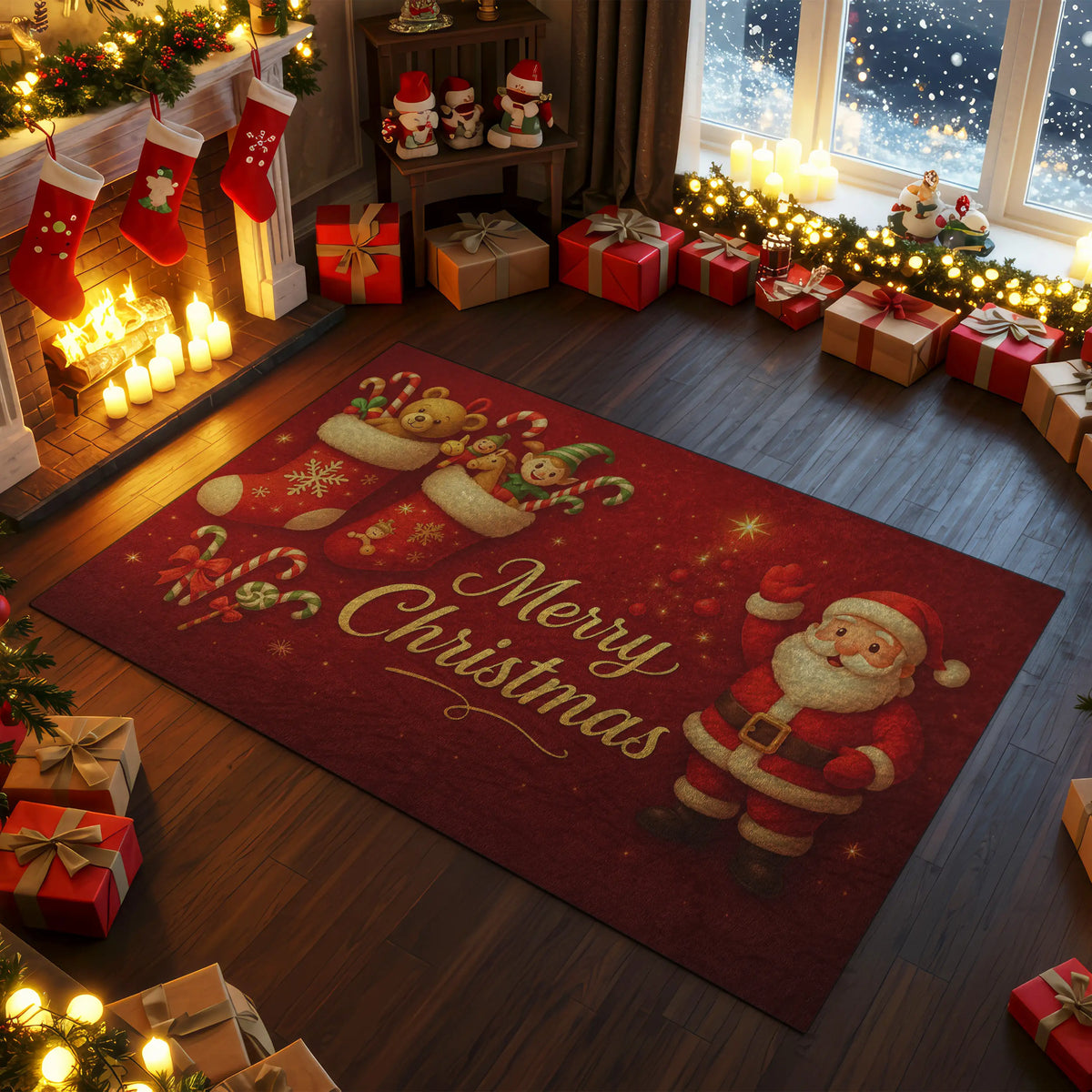 Santa and stockings Merry Christmas rug in cozy living room