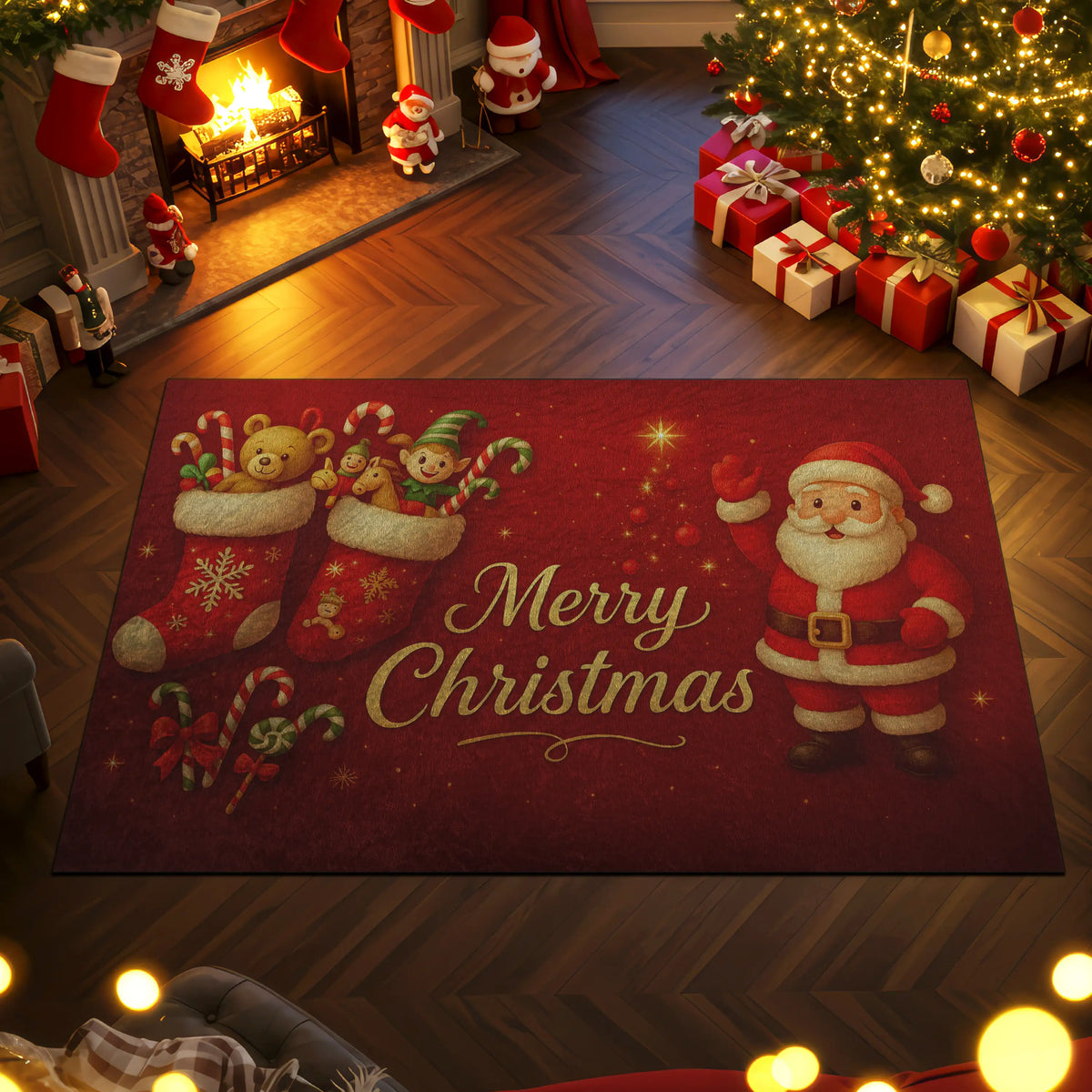Decorative Christmas rug with Santa Claus and stockings in a festive room.