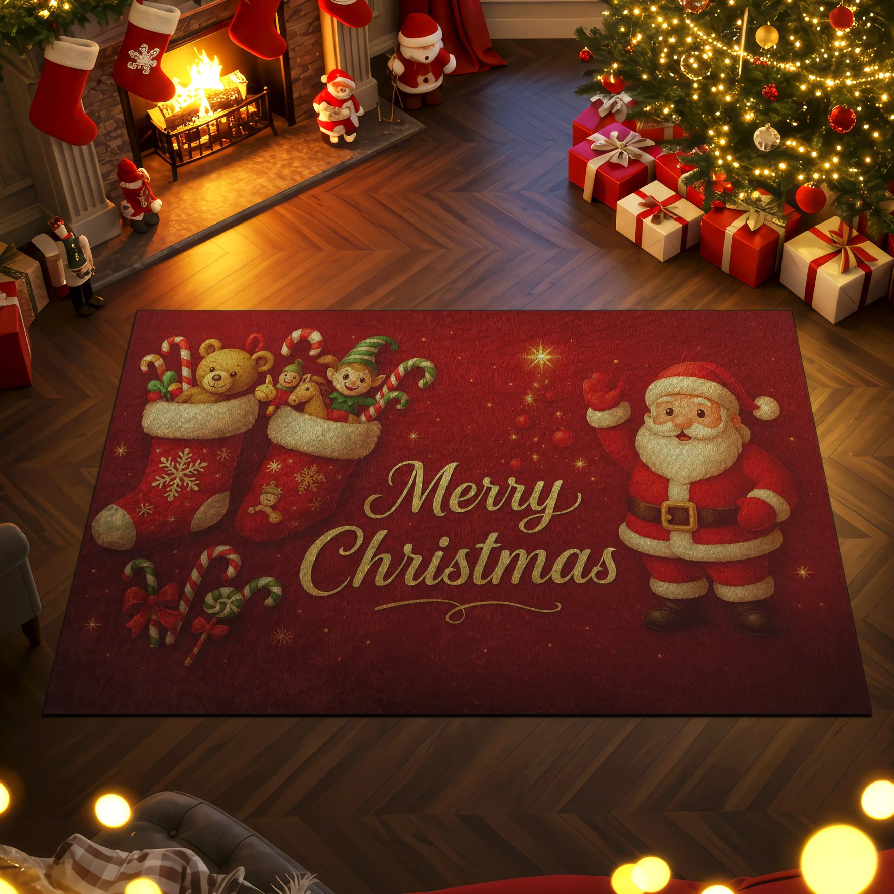 Decorative Christmas rug with Santa Claus and stockings in a festive room.