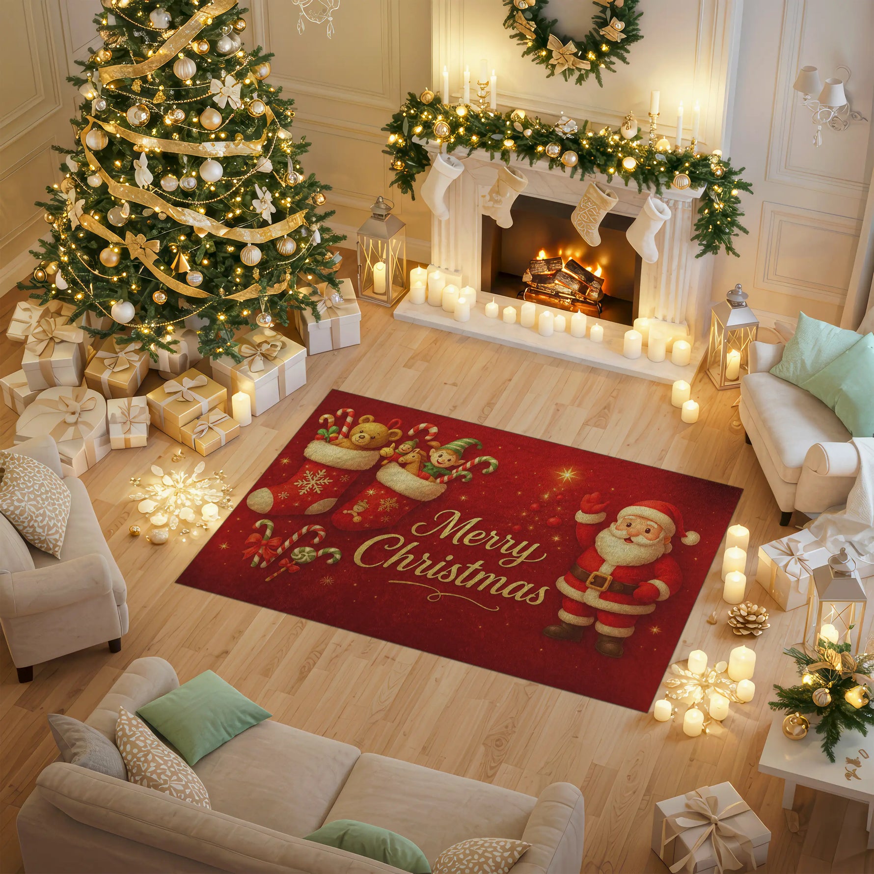 Decorated living room with Christmas tree, fireplace, and 'Merry Christmas' rug.