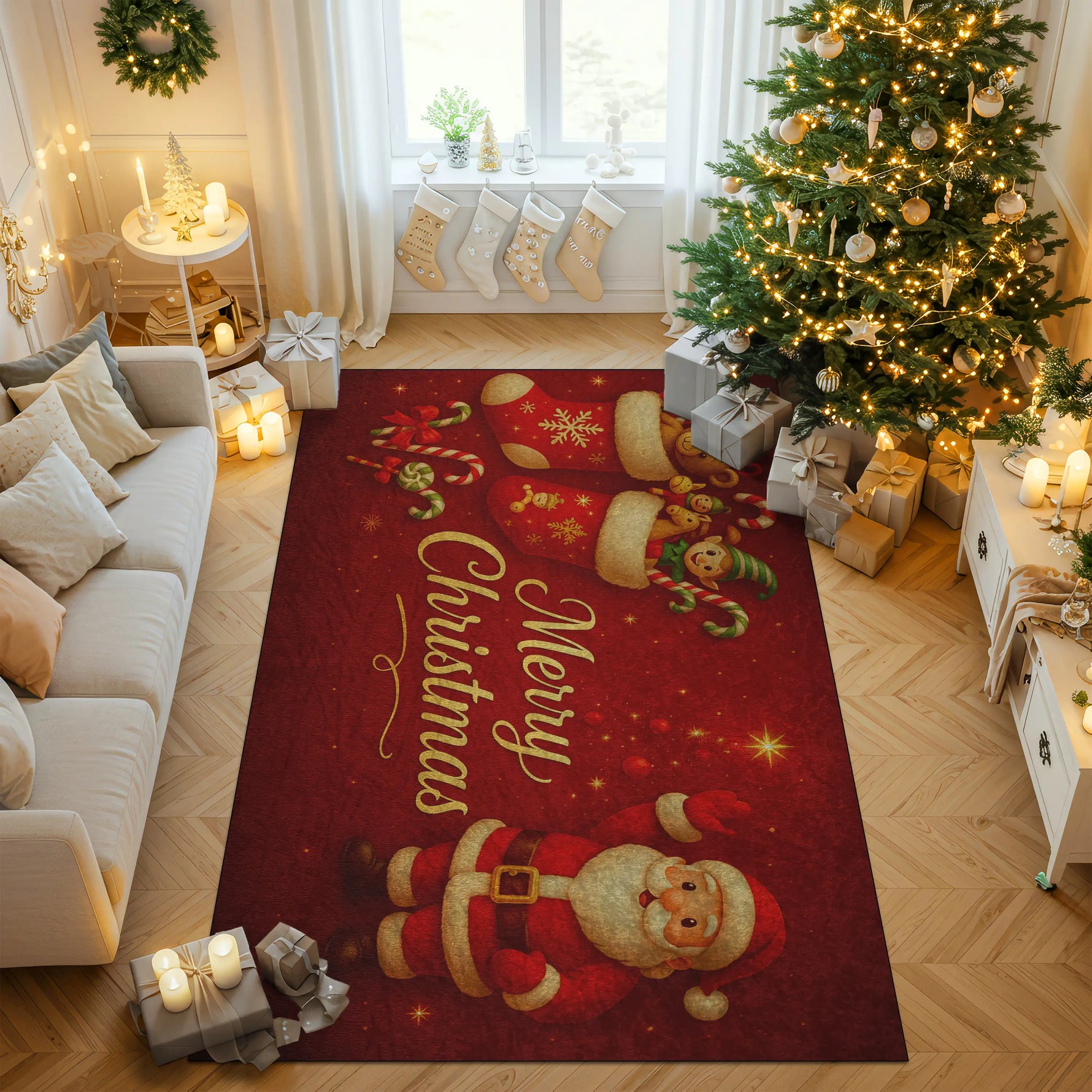 Decorative Christmas rug with Santa Claus design in a living room setting.