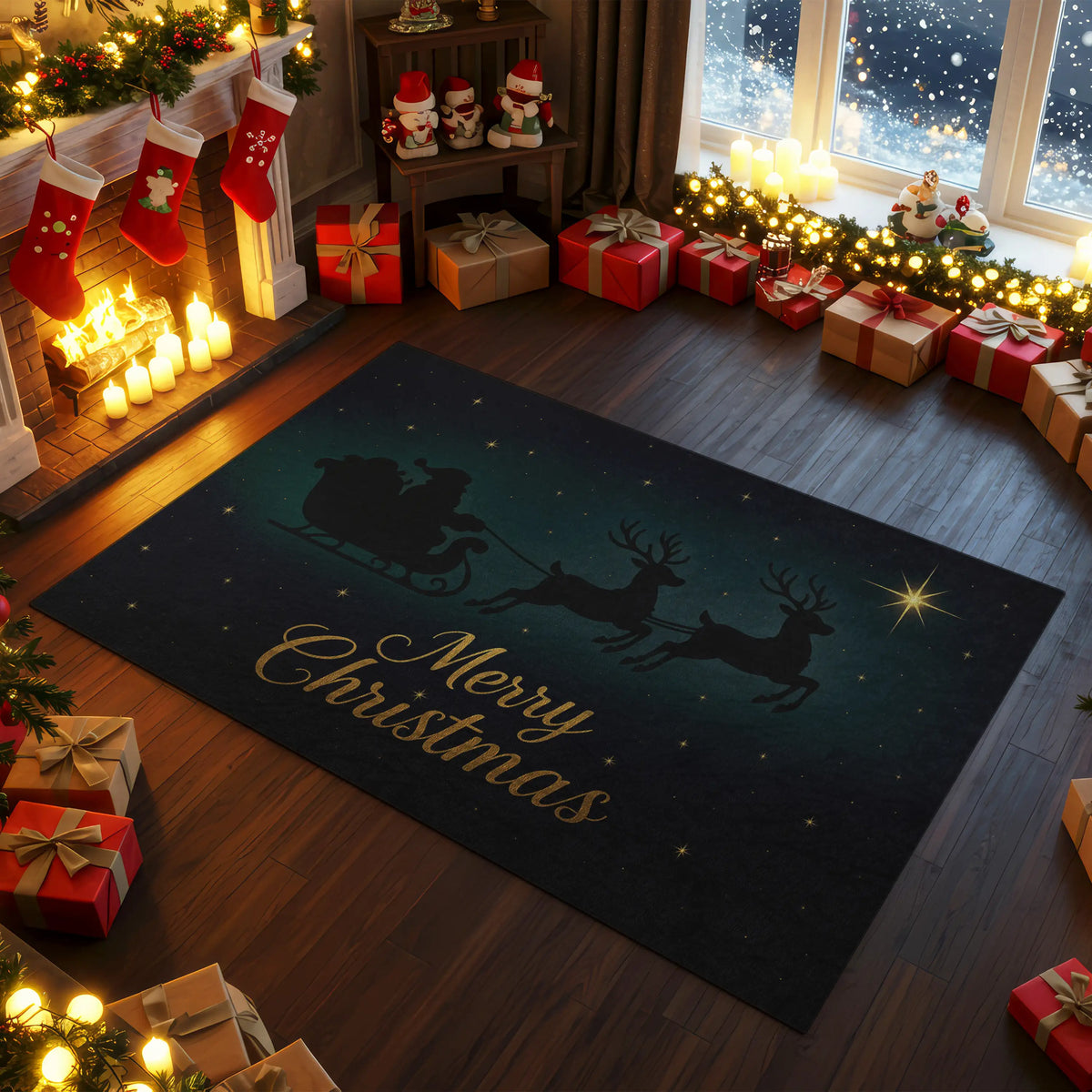 Midnight blue Christmas rug with Santa sleigh and reindeer silhouette
