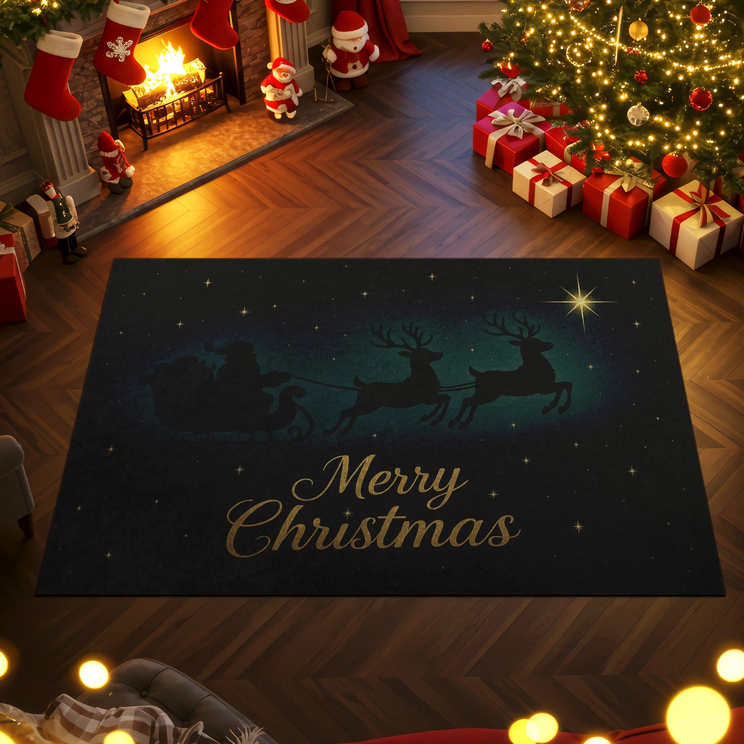 Christmas-themed room with a 'Merry Christmas' rug, tree, and stockings.