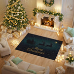 Decorative Christmas rug with reindeer and 'Merry Christmas' text in a festively decorated living room.