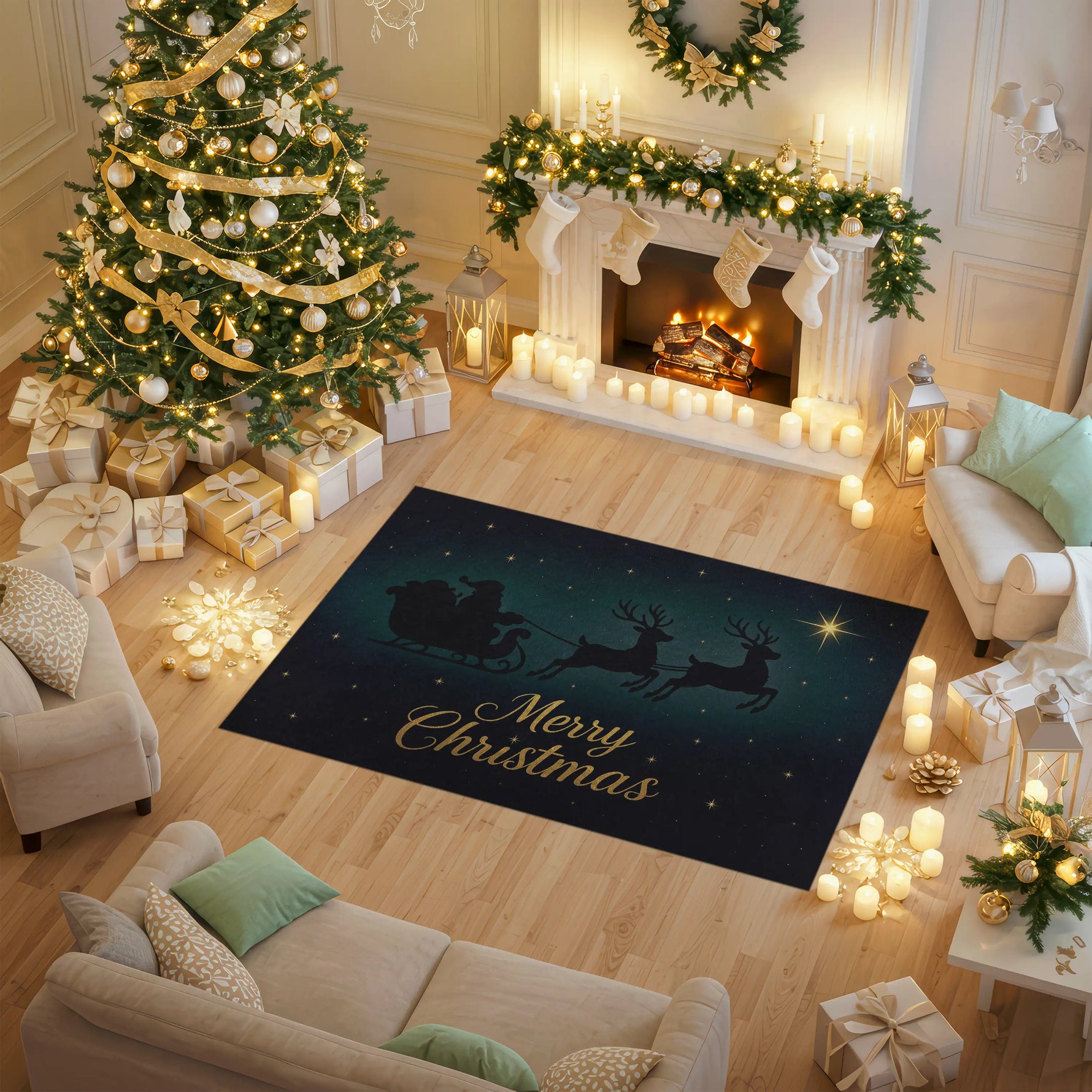Decorative Christmas rug with reindeer and 'Merry Christmas' text in a festively decorated living room.