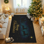 Decorative Christmas rug with reindeer design in a festive living room.