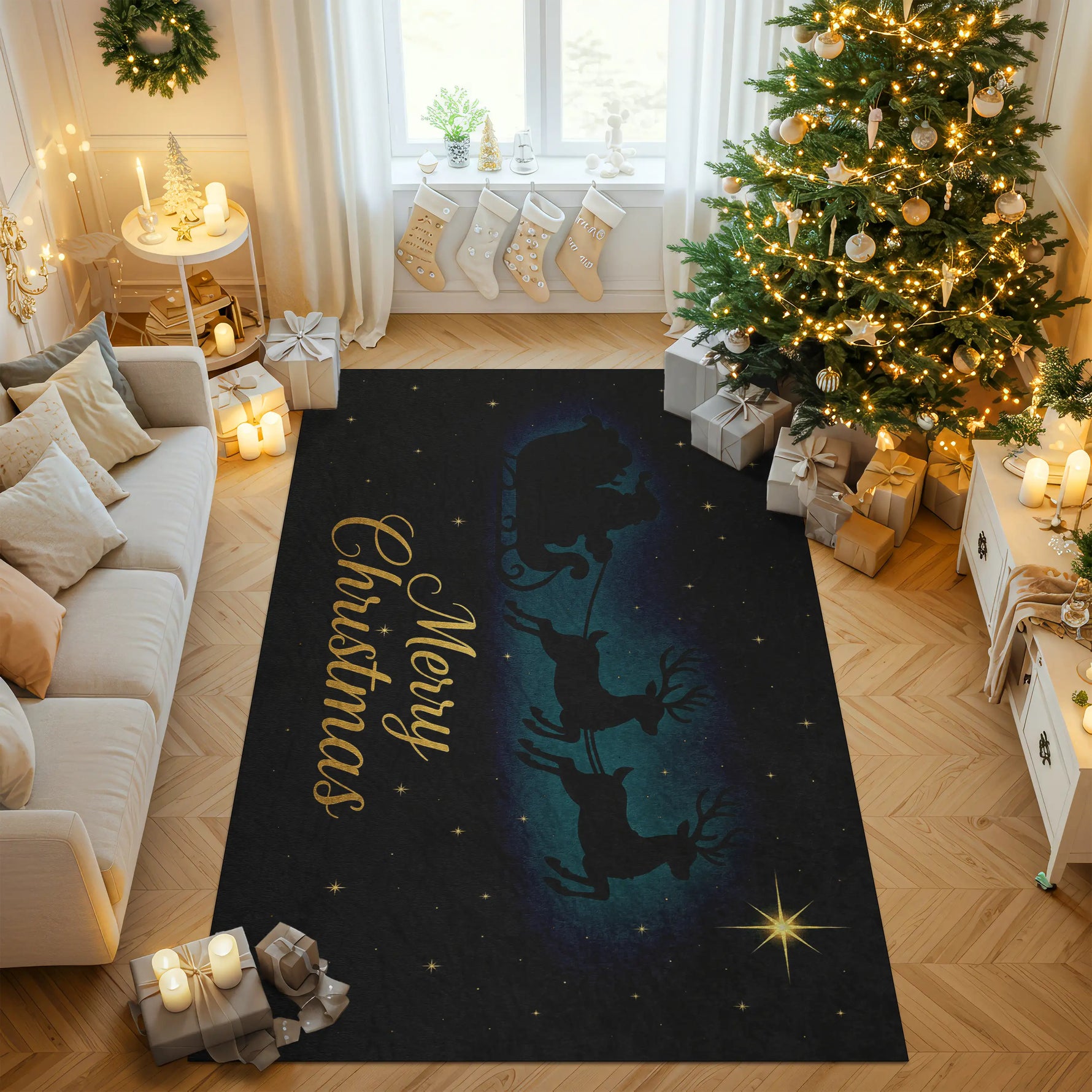 Decorative Christmas rug with reindeer design in a festive living room.