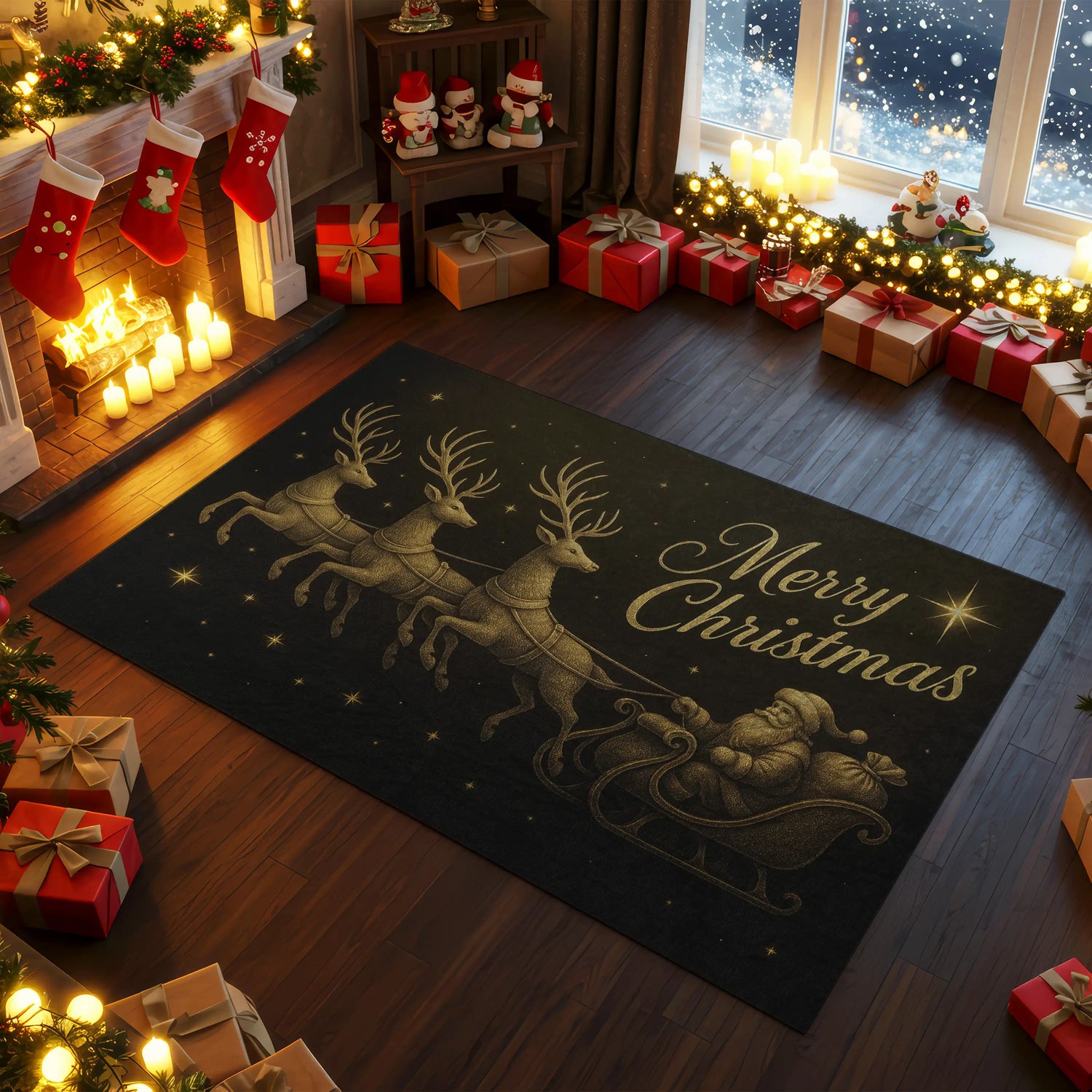 Gold Santa Sleigh & Reindeer Christmas Rug – Elegant Black Holiday Carpet
