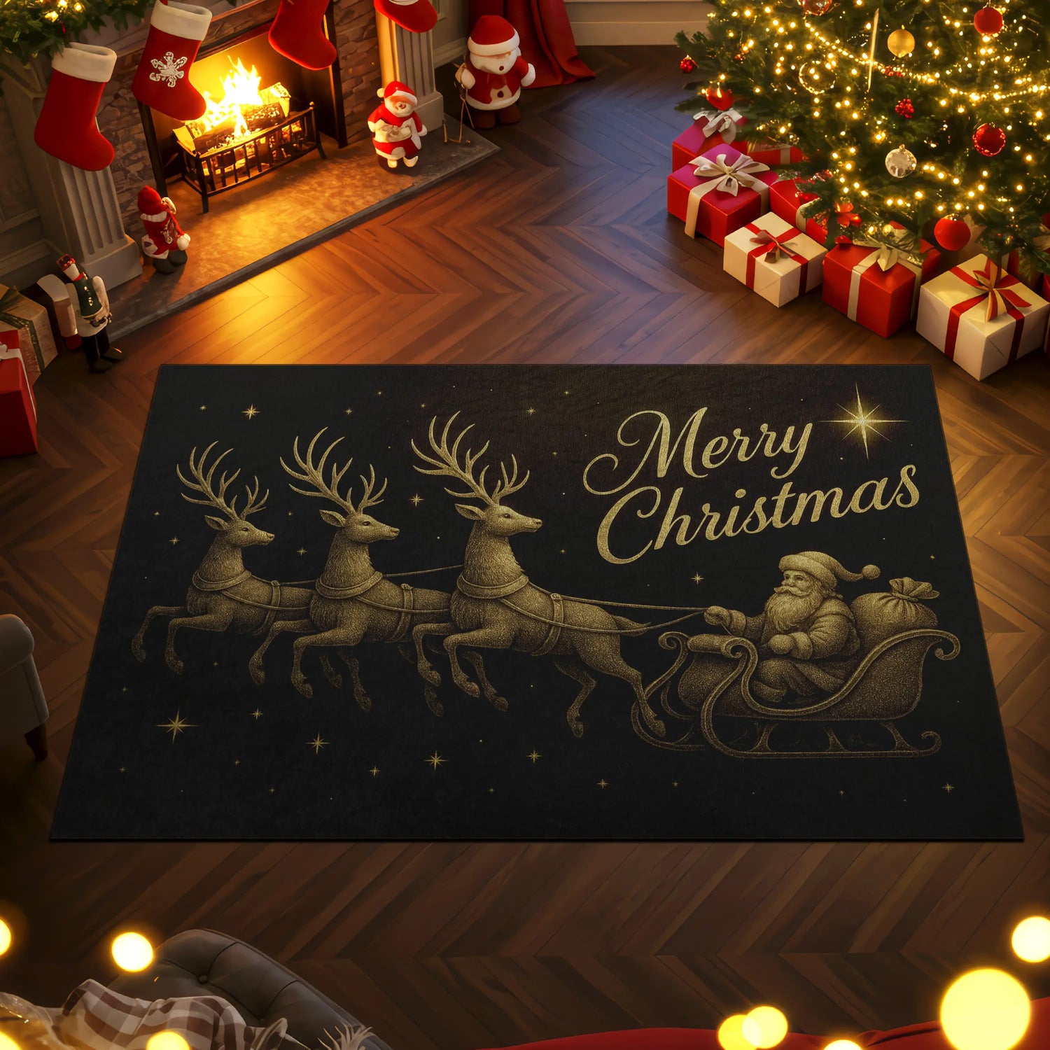 Gold Santa Sleigh & Reindeer Christmas Rug – Elegant Black Holiday Carpet