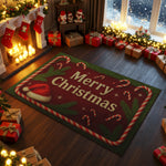 Christmas-themed room with a 'Merry Christmas' rug, stockings, and presents.