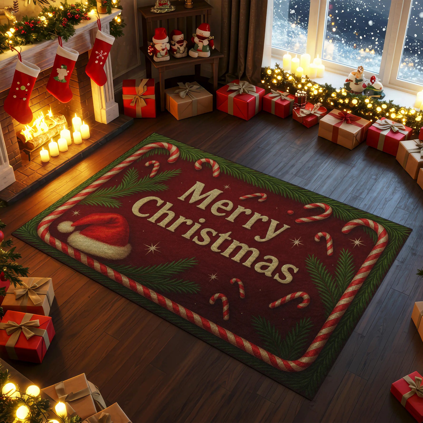 Christmas-themed room with a 'Merry Christmas' rug, stockings, and presents.