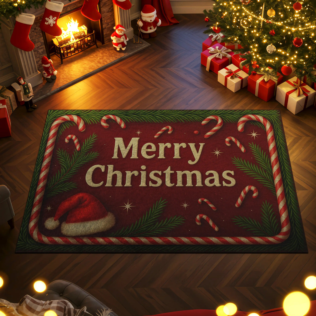 Christmas-themed room with a 'Merry Christmas' rug, tree, and stockings.