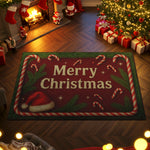 Christmas-themed room with a 'Merry Christmas' rug, tree, and stockings.