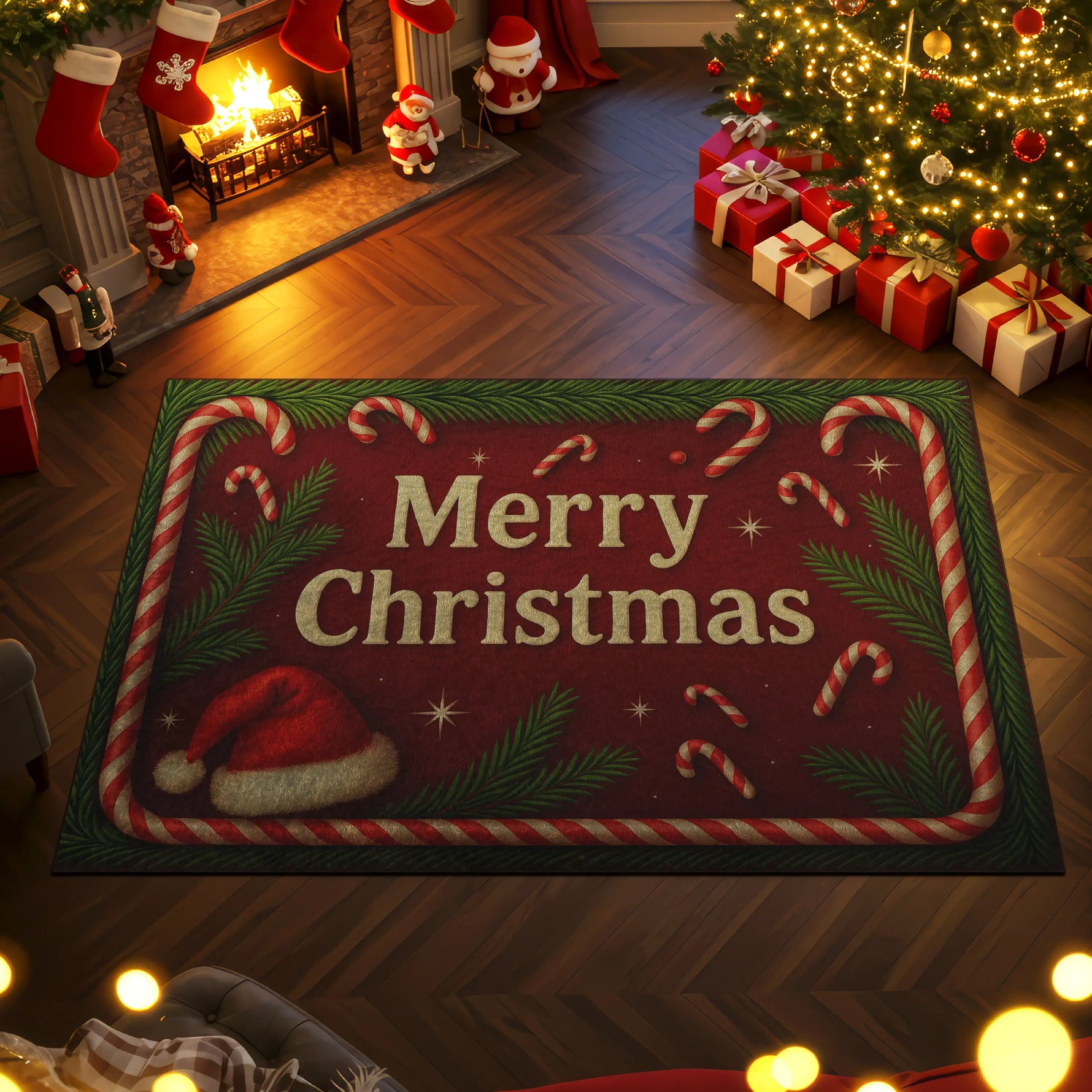 Christmas-themed room with a 'Merry Christmas' rug, tree, and stockings.