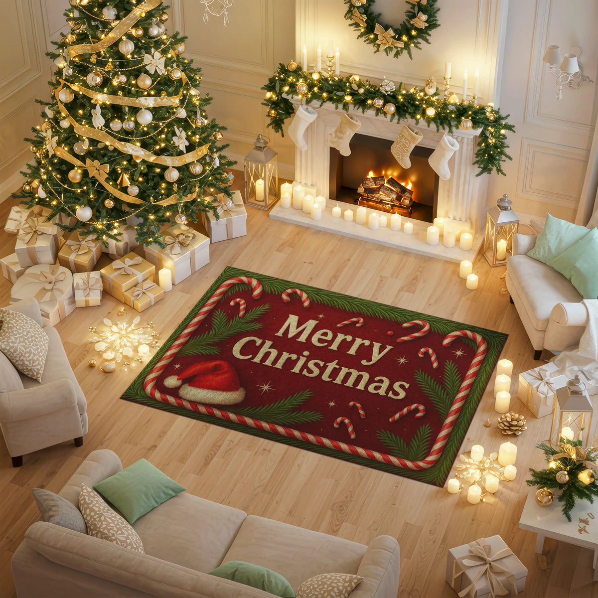 Decorative Christmas rug with 'Merry Christmas' text in a festively decorated living room.