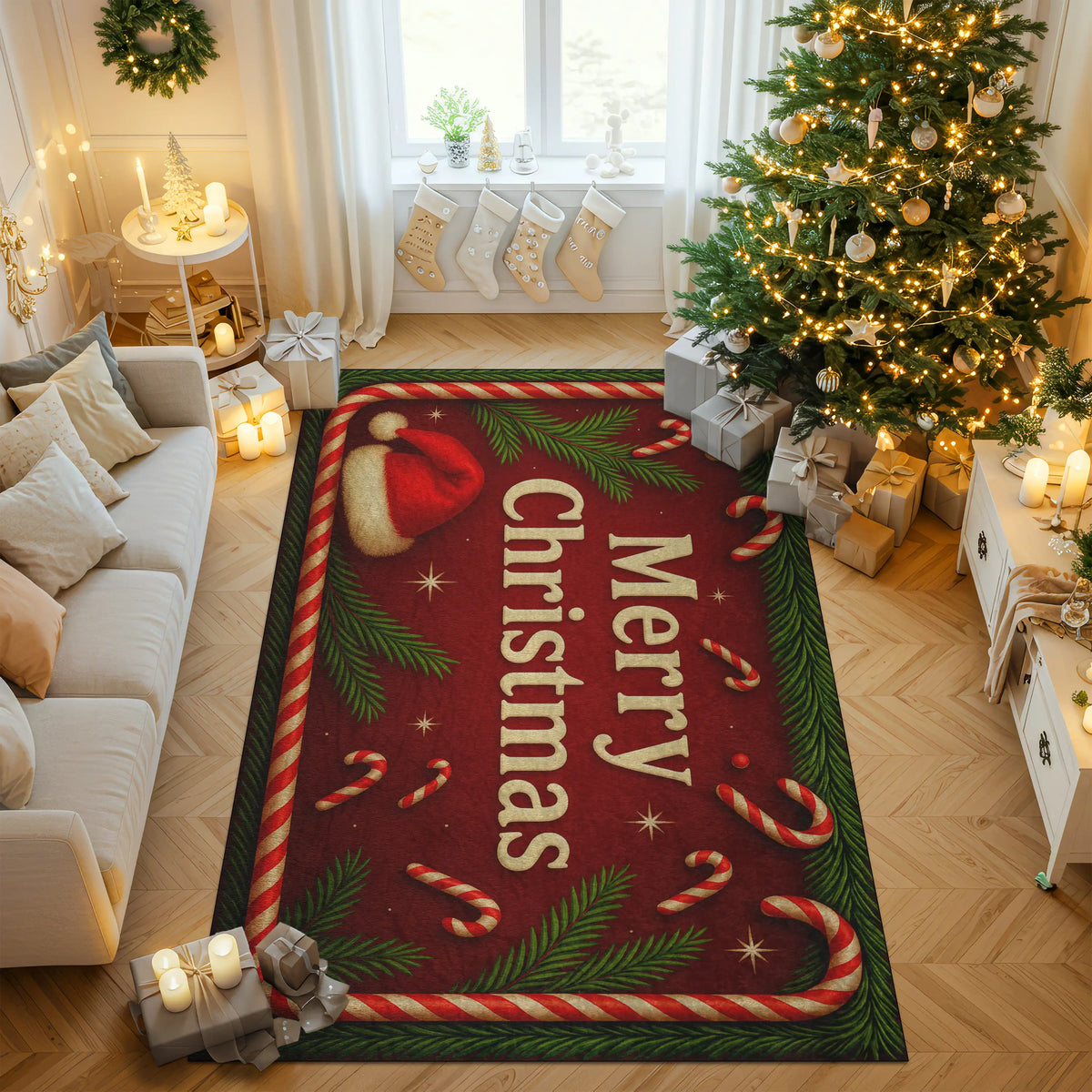 Decorative Christmas rug with candy canes and a Santa hat on a wooden floor.