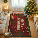 Decorative Christmas rug with candy canes and a Santa hat on a wooden floor.