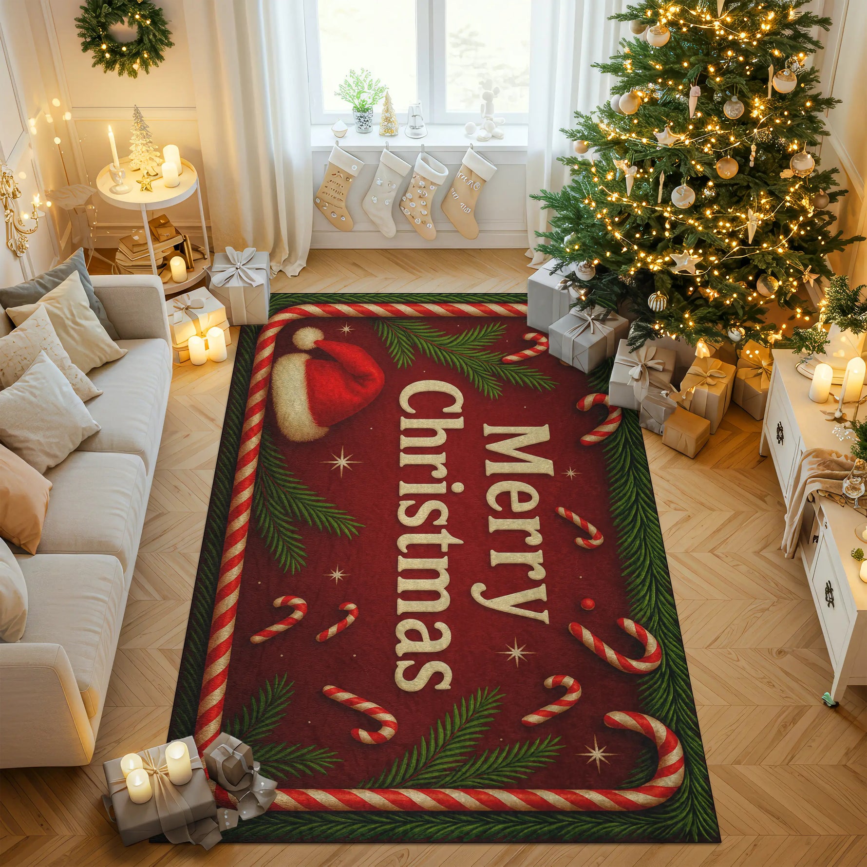 Decorative Christmas rug with candy canes and a Santa hat on a wooden floor.