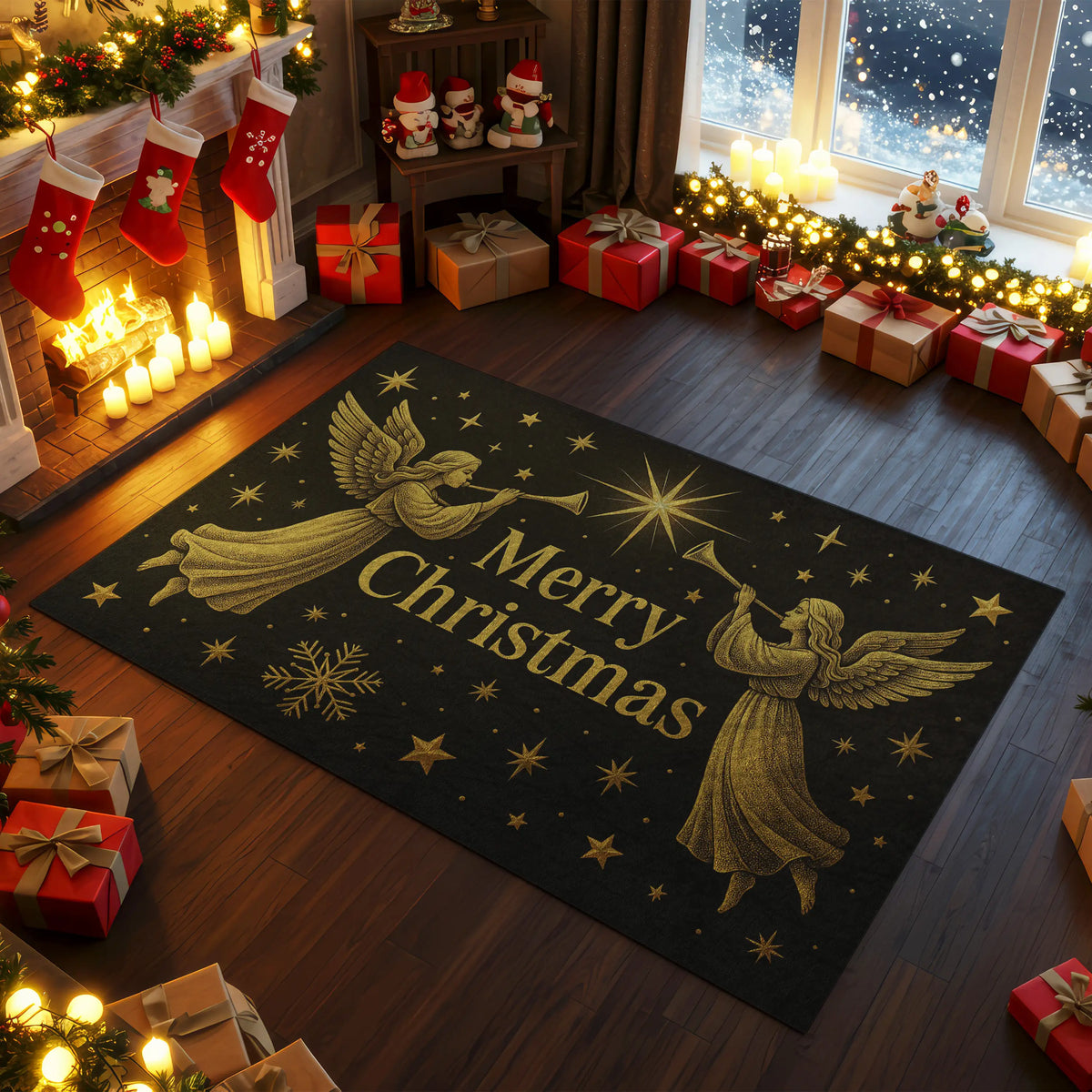 Decorative Christmas rug with angel design and 'Merry Christmas' text in a festively decorated room.