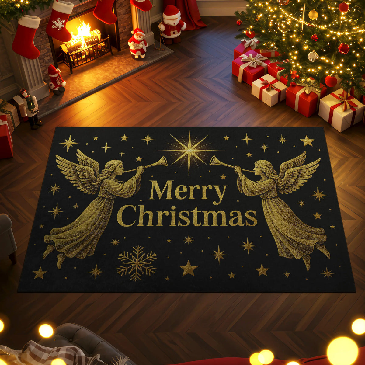 Decorative Christmas rug with angel design in a festive room with tree, presents, and stockings.