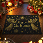 Decorative Christmas rug with angel design in a festive room with tree, presents, and stockings.