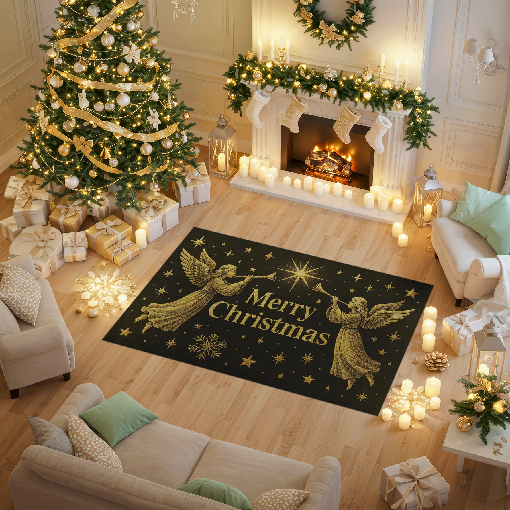 Decorated Christmas living room with a 'Merry Christmas' rug featuring angel designs.