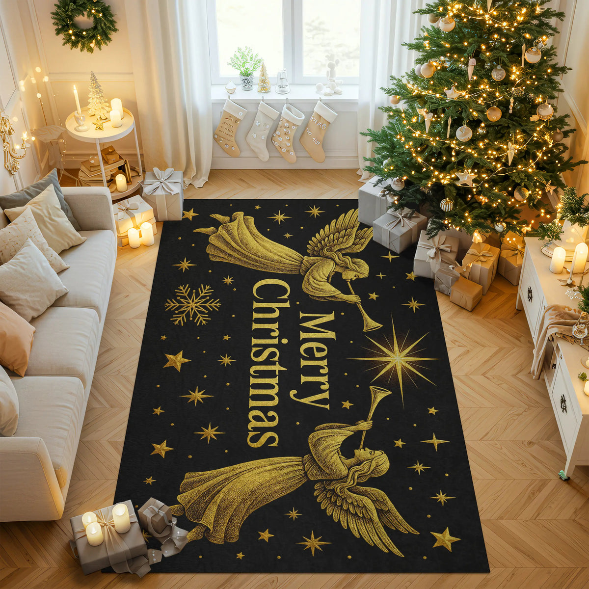 Decorative Christmas rug with angel design in a living room setting.