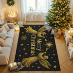 Decorative Christmas rug with angel design in a living room setting.