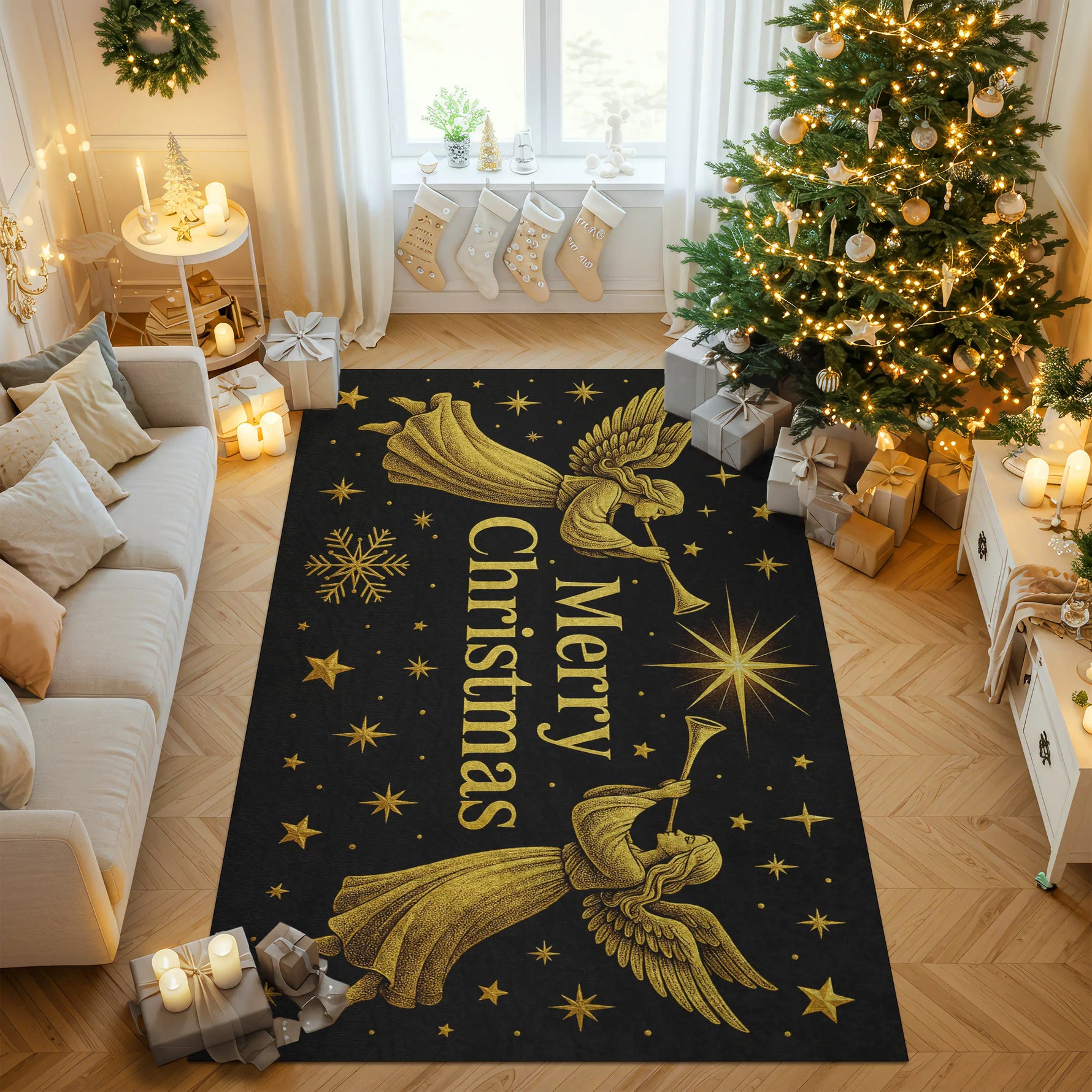 Decorative Christmas rug with angel design in a living room setting.