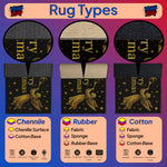 Three types of rugs labeled 'Chenille', 'Rubber', and 'Cotton' with decorative designs on a purple background.