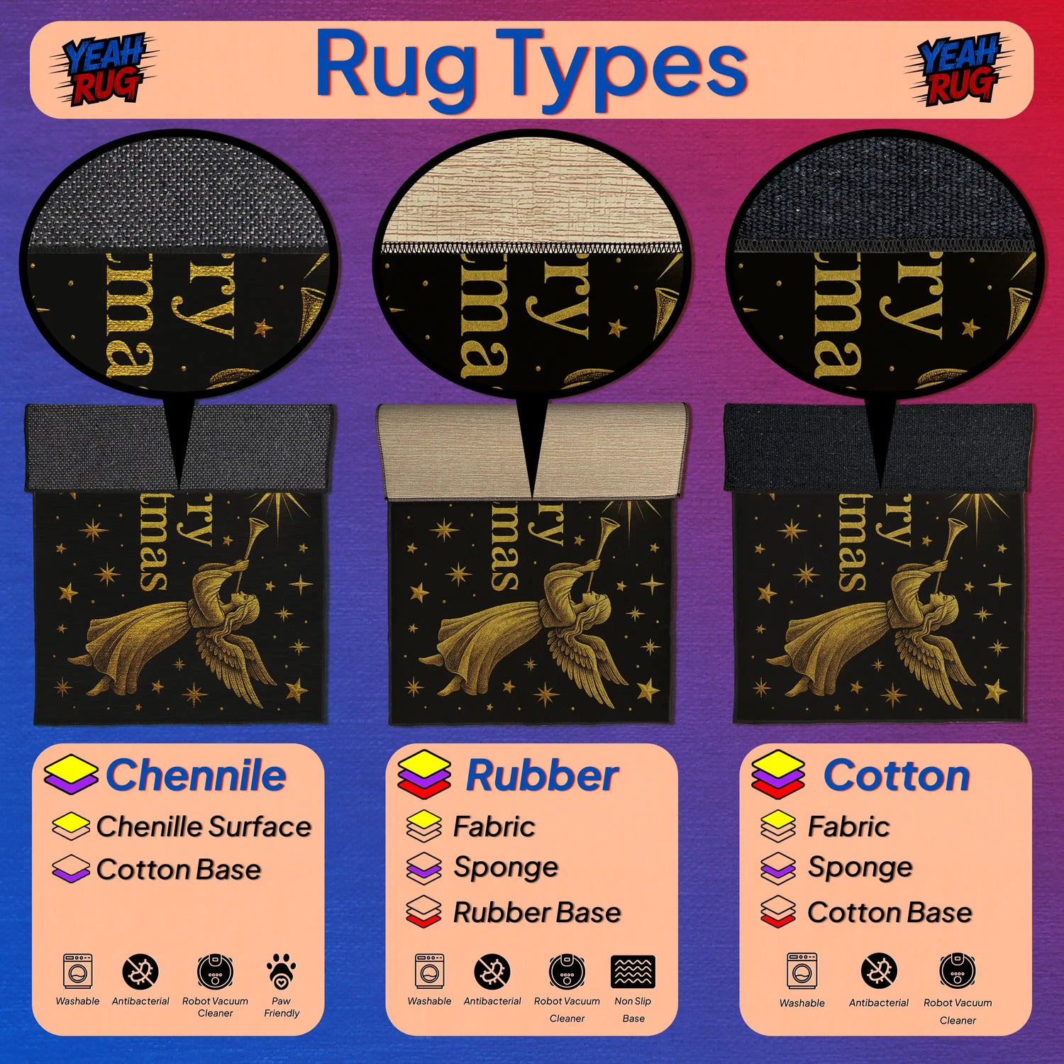 Three types of rugs labeled 'Chenille', 'Rubber', and 'Cotton' with decorative designs on a purple background.