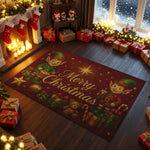 Decorative Christmas rug with elves and presents in a festive room.