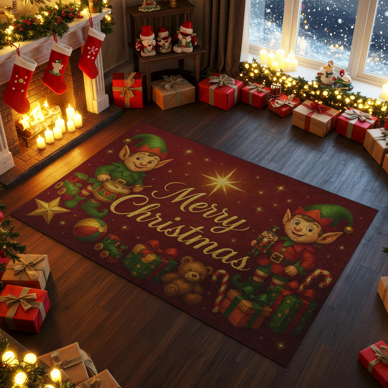 Decorative Christmas rug with elves and presents in a festive room.
