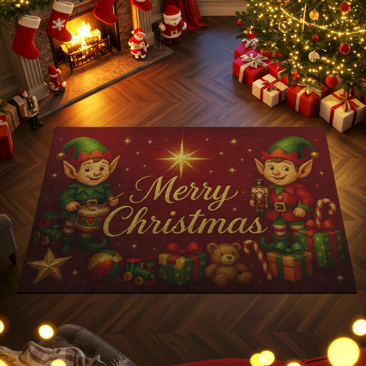 Christmas-themed rug with elves and 'Merry Christmas' text in a festive room with decorations.