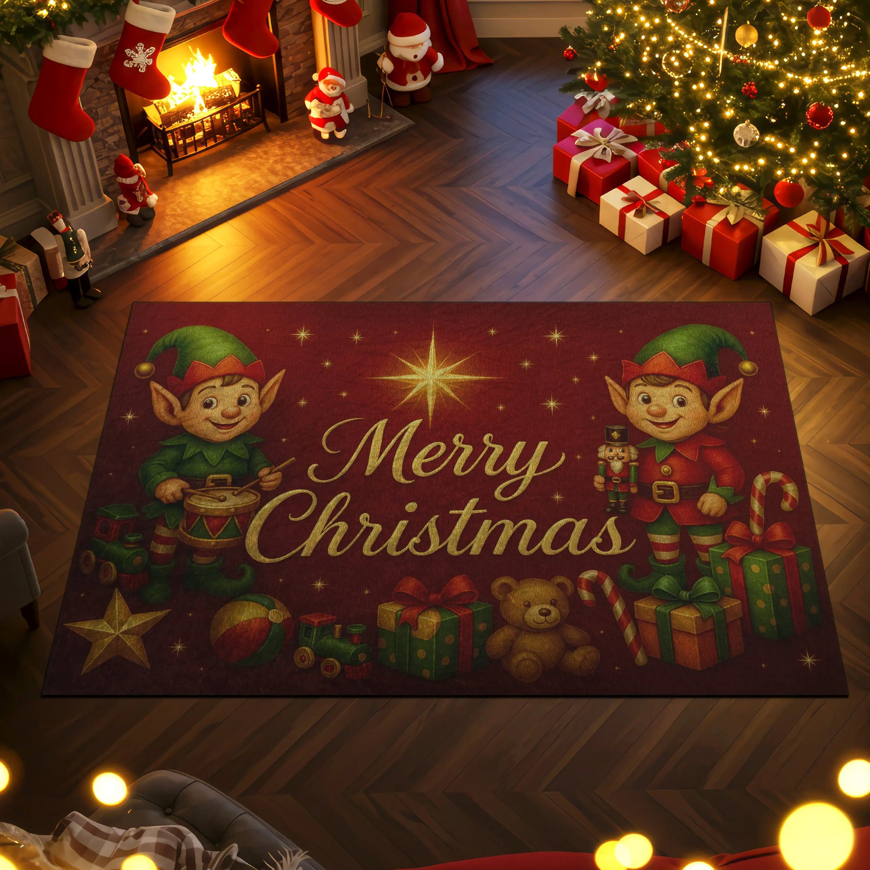 Christmas-themed rug with elves and 'Merry Christmas' text in a festive room with decorations.