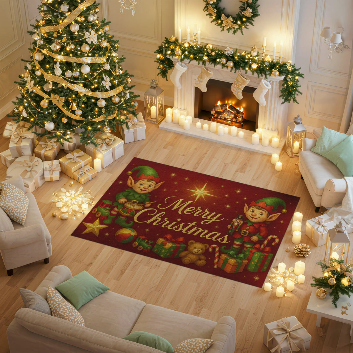 Decorated living room with Christmas tree, fireplace, and 'Merry Christmas' rug.