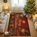 Decorative Christmas rug with elf design in a living room setting.