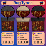 Illustration of rug types with labels for Chenille, Rubber, and Cotton materials on a colorful background.