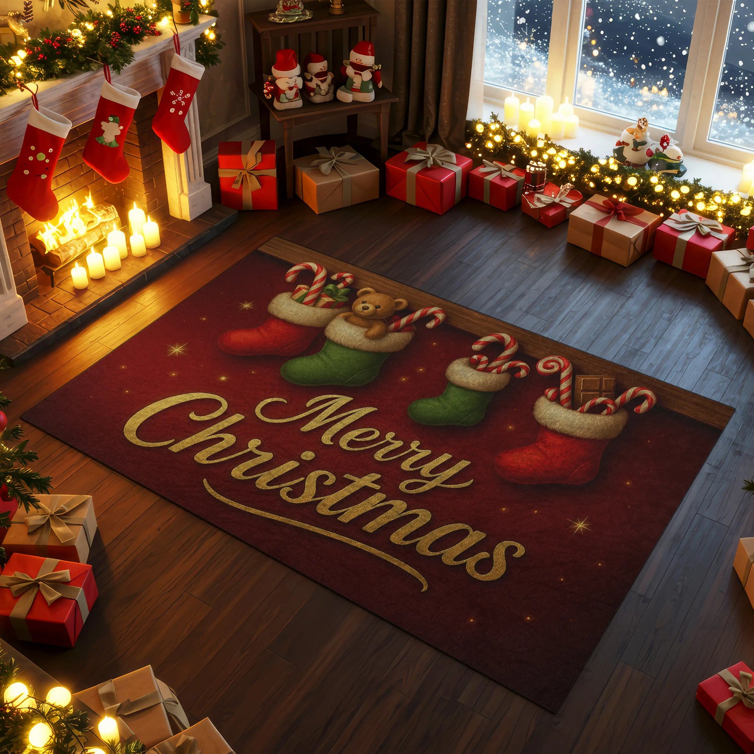 Decorated Christmas living room with stockings, presents, and a 'Merry Christmas' rug.