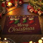 Decorative Christmas rug with stockings and 'Merry Christmas' text in a festive room.
