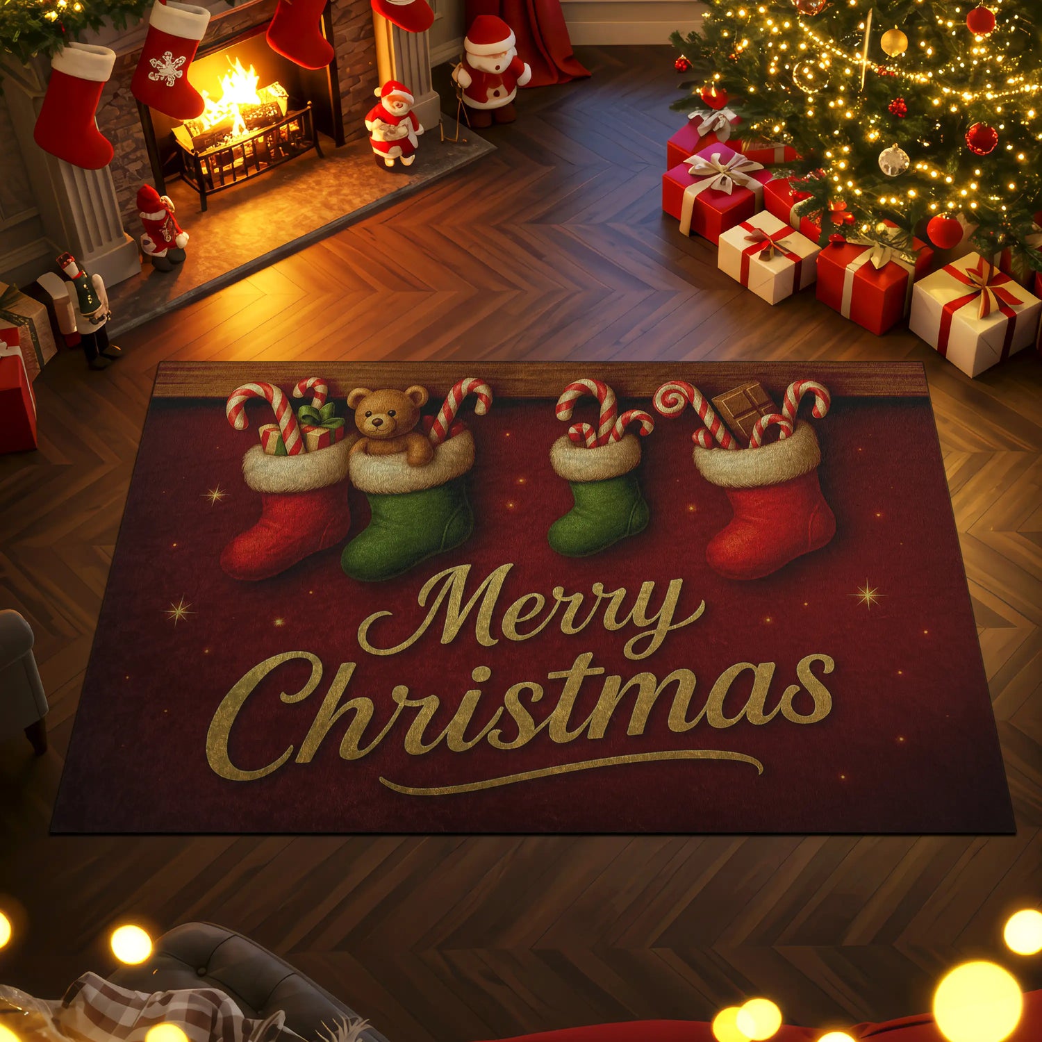 Decorative Christmas rug with stockings and 'Merry Christmas' text in a festive room.