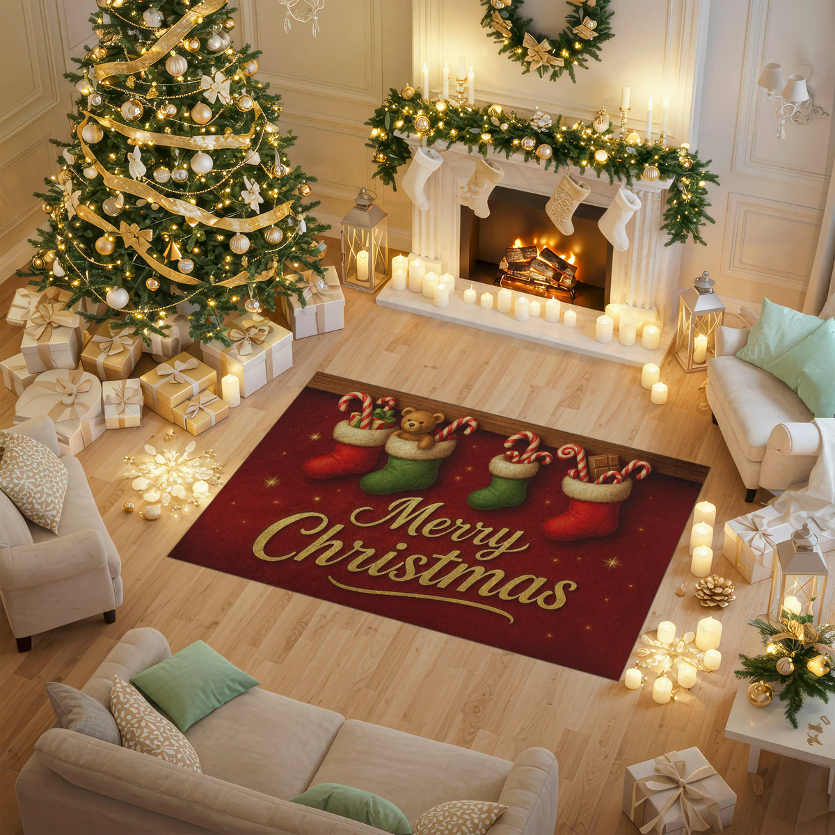 Decorated living room with Christmas tree, stockings, and 'Merry Christmas' rug.