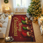 Living room with a 'Merry Christmas' rug, decorated tree, and presents.