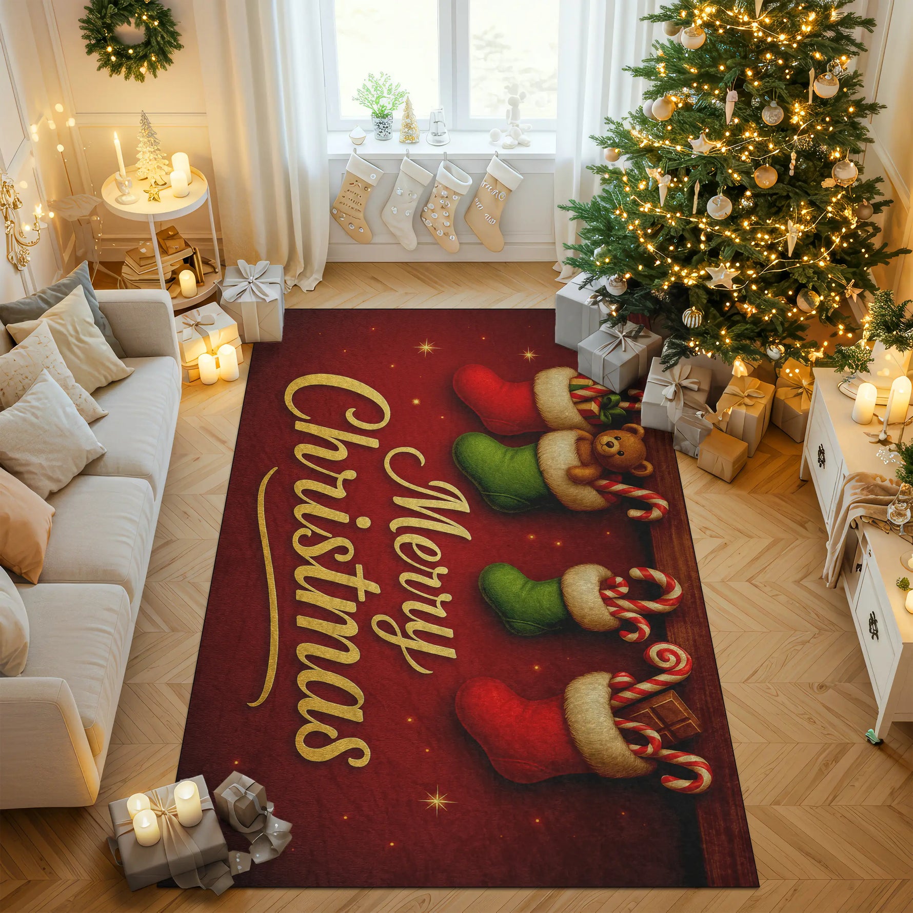 Living room with a 'Merry Christmas' rug, decorated tree, and presents.